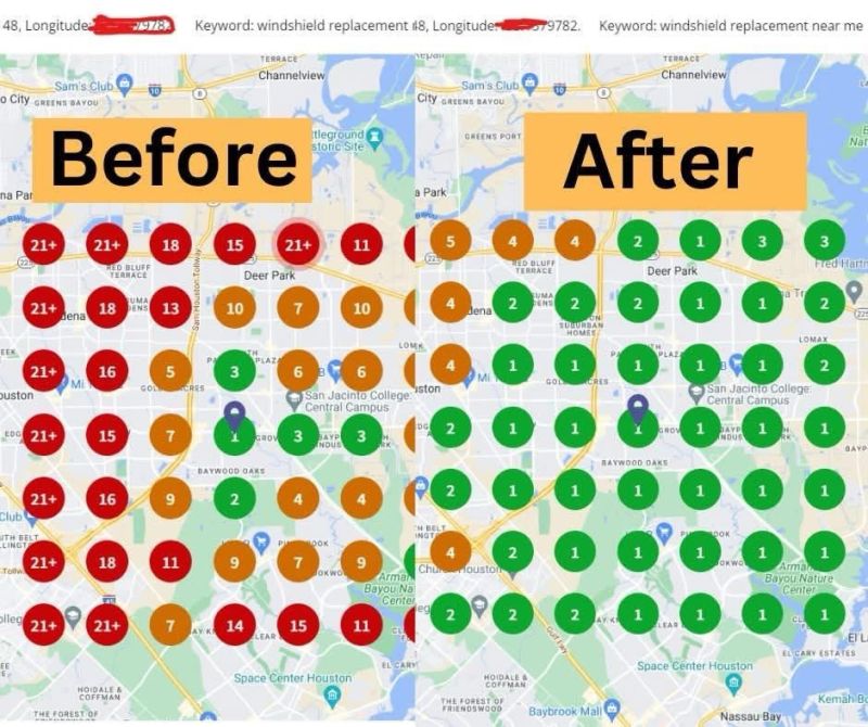 Before and after local ranking grid for Windshield Replacement — Houston, TX