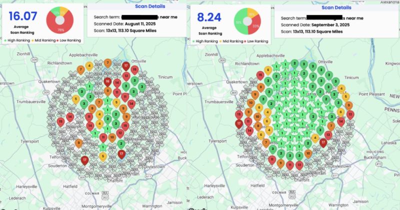 Before and after local ranking grid for Multi-Location Retail — Pennsylvania
