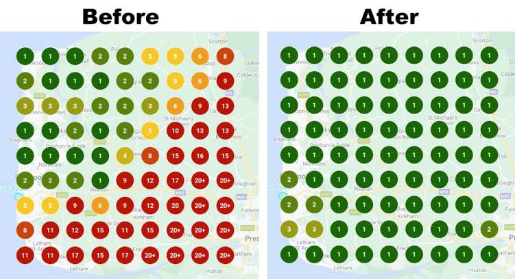Before and after local ranking grid for Home Services — Preston, UK